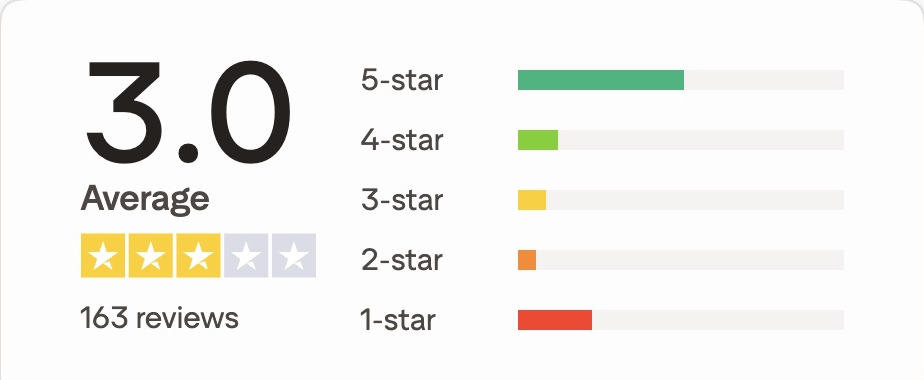 Genuine Trustpilot profile rated 3.0 Average, with yellow stars and 163 reviews. A different business from the After example.